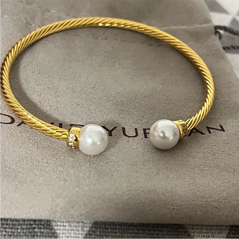 David Yurman Gold-Tone Cable Pearl Cuff Bracelet 3mm - Picture 5 of 6